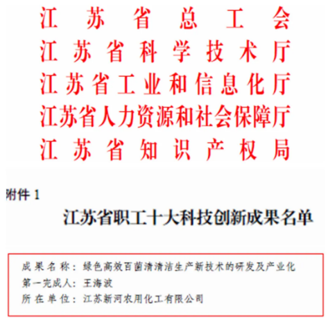 江蘇新河喜獲“2021年度江蘇省職工十大科技創新成果獎”